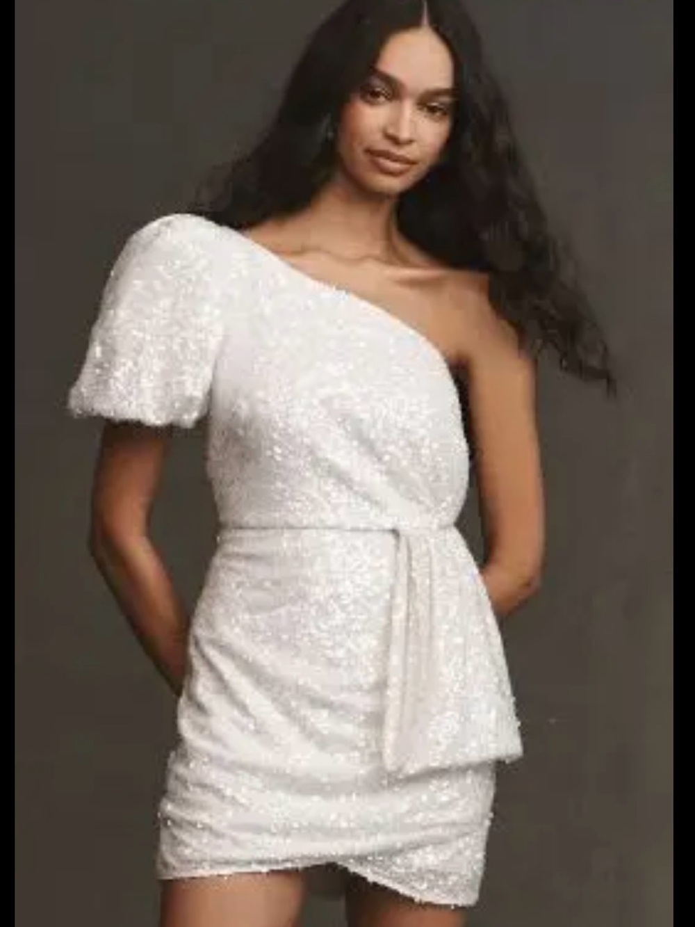 Sachin & Babi Dova Puffed One-Shoulder Sequin Bow Train Wrap Mini Dress